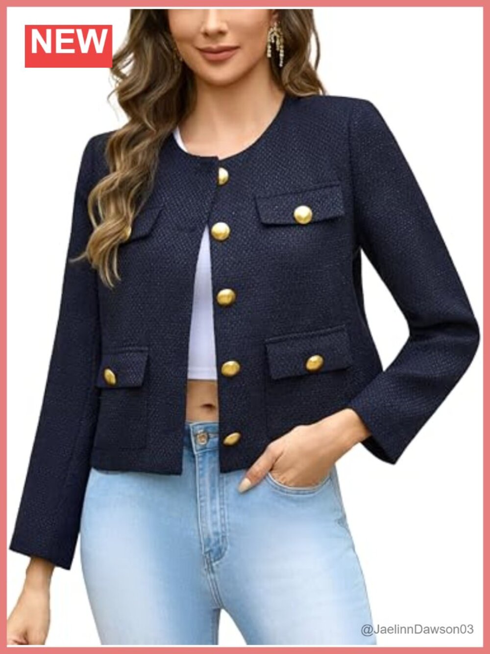 Cropped Tweed Blazer Collarless Gold-Tone Button Loose Fit Women's